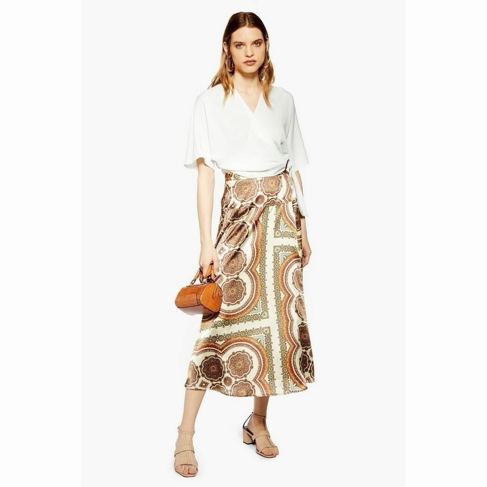 TOPSHOP Skirt Bias Satin Skirt Paisley Maxi Ivory Gold Wrap Size 2 Boho Vacation